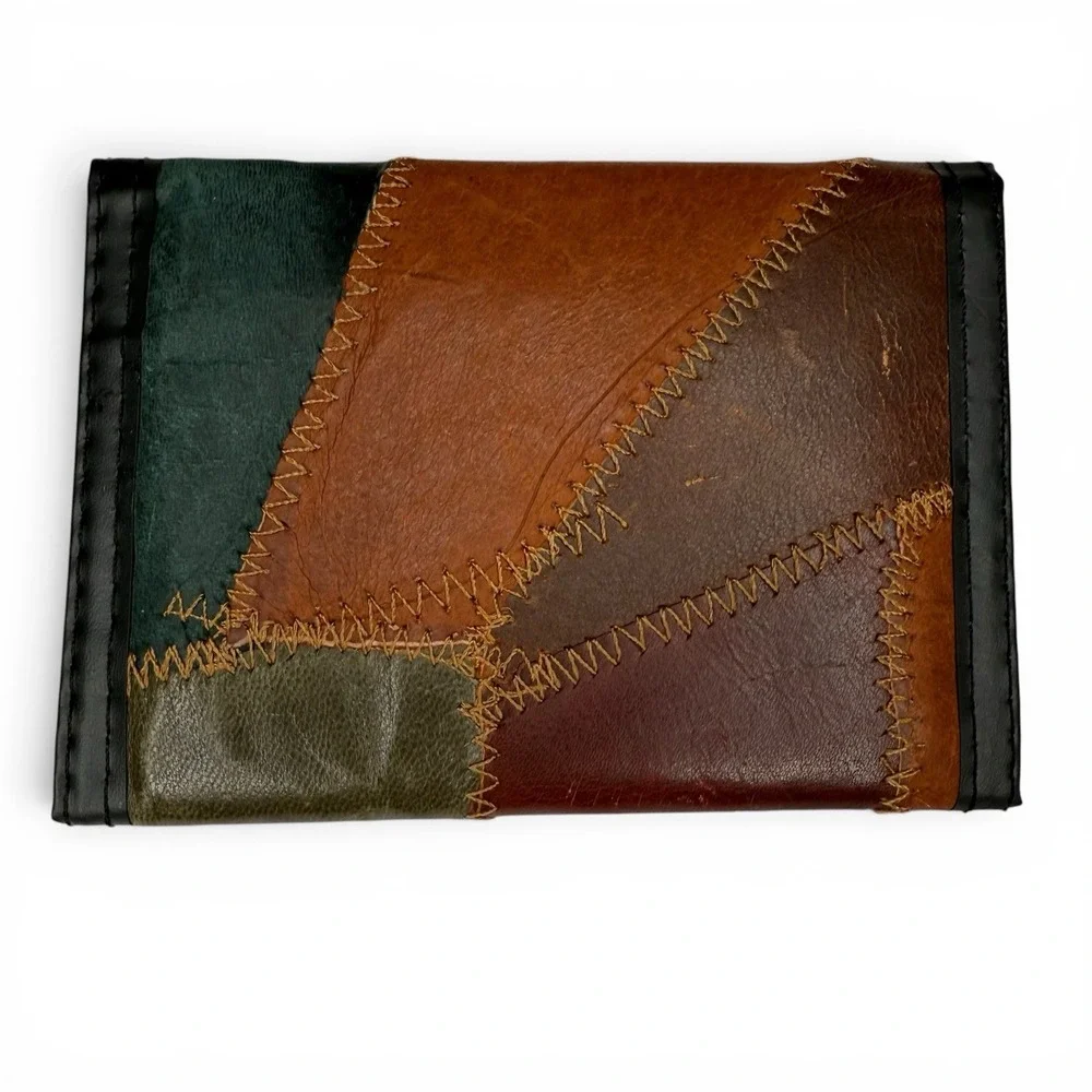 NWOT Vintage Leather Stitched Patchwork Wallet Rare Hook‎ And Loop Made In Korea